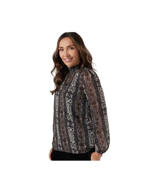 Susan Graver  Blouse  Printed Chiffon  stretch Smocked Mock Neck   Lined Top